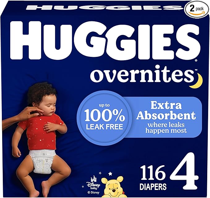 Huggies Size 4 Overnites Baby Diapers: Overnight Diapers, Size 4 (22-37 lbs), 116 Ct (2 Packs of 58), Packaging May Vary
