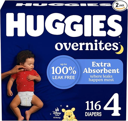 Huggies Size 4 Overnites Baby Diapers: Overnight Diapers, Size 4 (22-37 lbs), 116 Ct (2 Packs of 58), Packaging May Vary