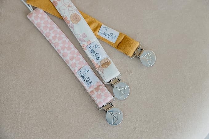 Copper Pearl Pacifier Clip 3-Pack: Premium Knit Binky Clips for Baby Girls and Boys - Stylish Stainless Steel Pacifier Holder Clip - Baby Pacifier Clips for No More Floor Drops - Ferra