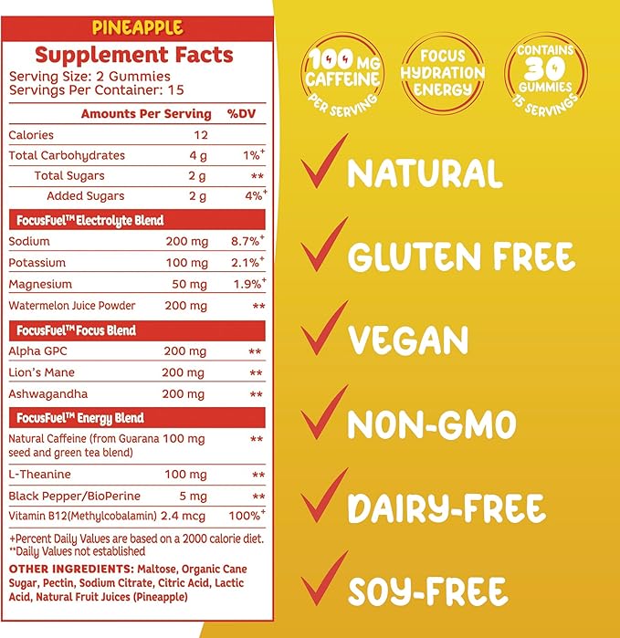 Energy Chews – Pineapple Flavor (15 Servings) – 100mg Caffeine + Alpha GPC + L-Theanine + B12, Magnesium – Tropical Energy Boost – No Crash or Jitters