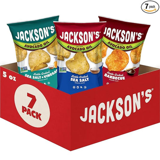 Jackson’s Classic Kettle Potato Chips (Variety Pack, 5 oz, Pack of 7) - Made with Premium Avocado Oil, Sea Salt, Salt & Vinegar and BBQ Flavors - Allergen-friendly, Gluten Free, Vegan