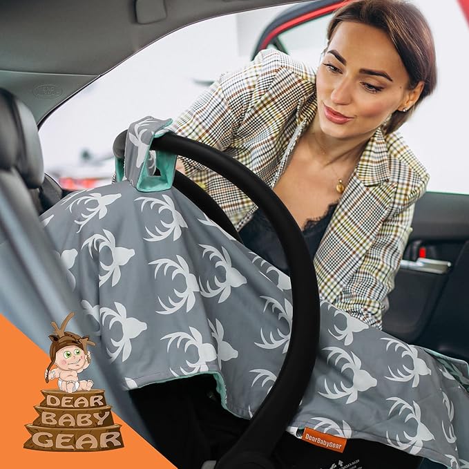 Dear Baby Gear - 40x30 Car Seat Canopy, Infant Carrier Cover for Boys & Girls, Cozy Fall Baby Gift, Nursing & Stroller Use, Newborn Travel Sunshade Accessory, Antlers on Gray, Mint Dot