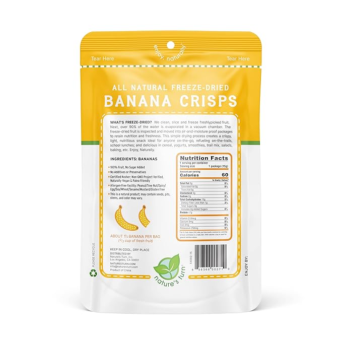 Nature’s Turn Freeze-Dried Banana Crisps – Healthy, Gluten-Free, Crispy & Delicious, Plant-Based Snack, Ideal for Cereal, Smoothies, School Lunches, & On-the-Go, Pack of 6 (0.53 oz Each)