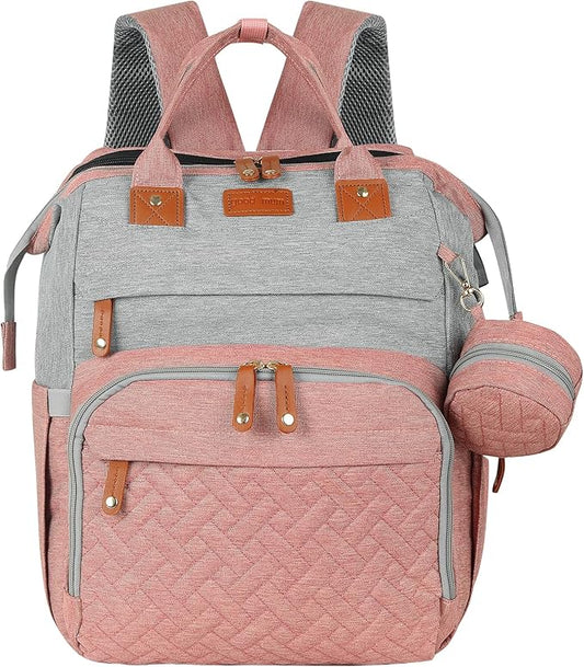 large diaper bag backpack，baby bag with changing station for Boys Girls，Multifunctional Diaper Bag，Mommy Bag With USB Charging Port（Pink Grey）
