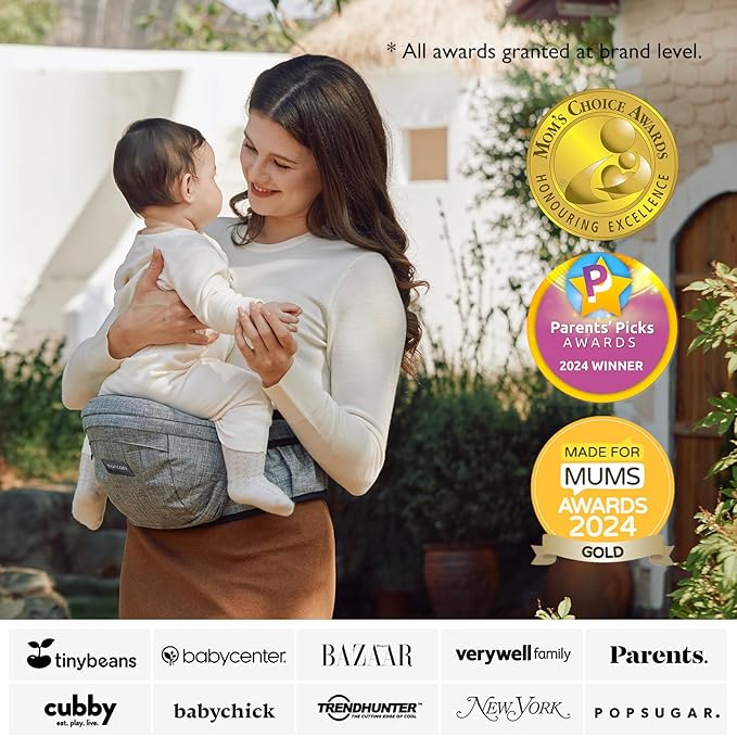 Momcozy Hip Seat Baby Carrier - Adjustable Waistband with Original 3D Belly Protector, Ergonomic Carrier with Various Pockets for Newborns & Toddlers up to 45lbs (Grey, Large)