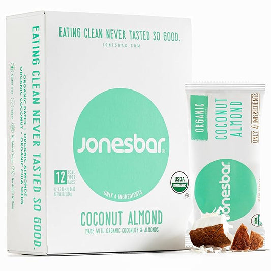 JONESBAR (Coconut Almond, 12 Count (Pack of 1)) USDA Organic Fruit & Nut Bar, Non-GMO, Kosher, Vegan, Gluten Free, Simple Snack Bar