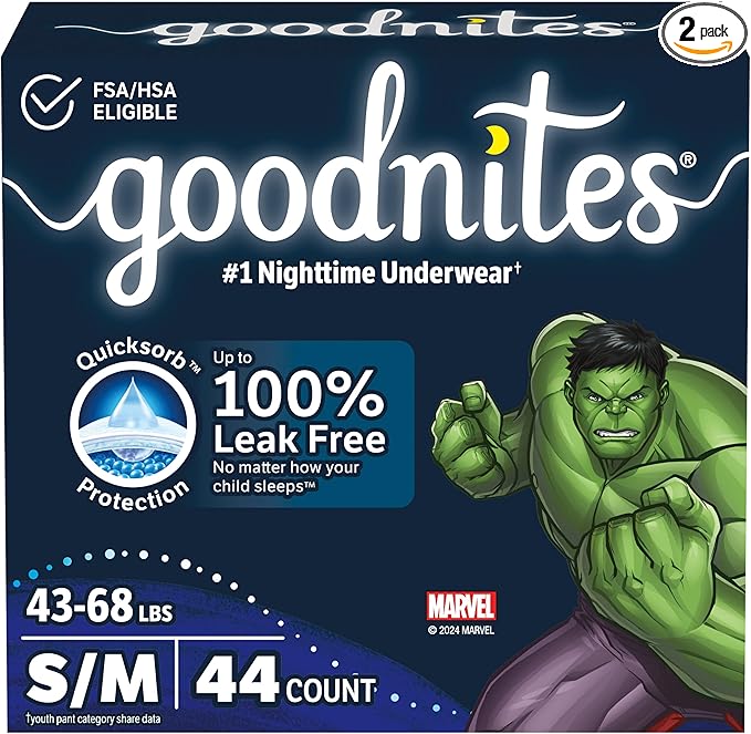 Goodnites Boys' Nighttime Bedwetting Underwear, Size S/M (43-68 lbs), 44 Ct (2 Packs of 22), Packaging May Vary