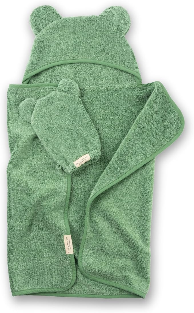 Bella Tunno Baby Bath Towel and Wash Mitt Set – Soft Absorbent Hooded Towels and Mitt-Style Baby Washcloths, Oeko-TEX Certified (Sea Foam)