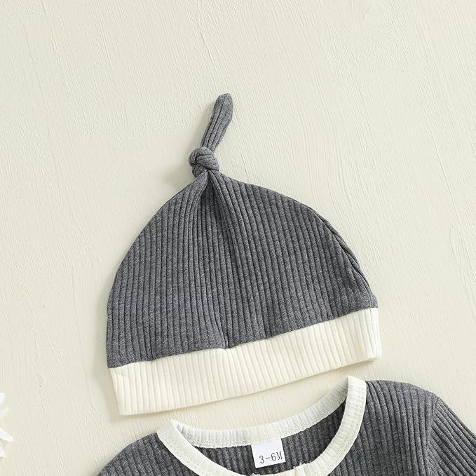 fhutpw Newborn Baby Boy Clothes Ribbed Knit Bodysuit 3 6 Months Infant Fall Long Sleeve Splicing Color Romper Jumpsuit & Hat