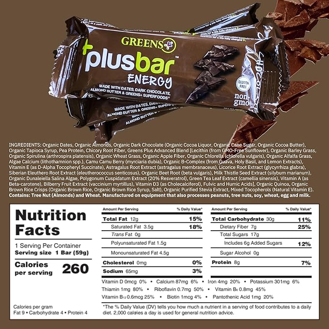 Greens+ Plusbar Energy Bars, Chocolate, Gluten Free Healthy Snacks with Organic Super Greens, Superfoods & Dark Chocolate, Vegan, Dairy Free & Non GMO, 8g Protein Meal Replacement Bars, 12 Bars