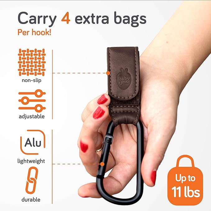 Baby Uma Stroller Hooks for Bags (2 Pack) - Leather-Style Stroller Clips and Hooks, Non-Slip Stroller Accessories, Carry 11 lbs Per Stroller Hook, Universal Baby Essentials & Stroller Accessories
