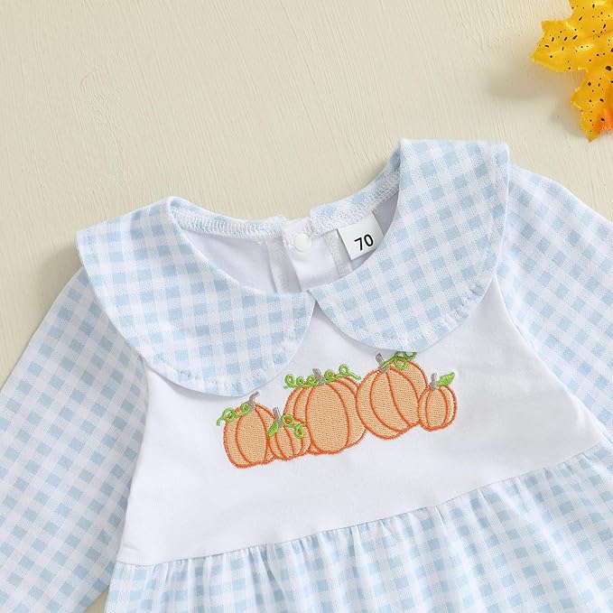 woshilaocai Baby Fall Outfit Boy Girl Plaid Embroidered Collar Romper Footie Infant Halloween Clothes