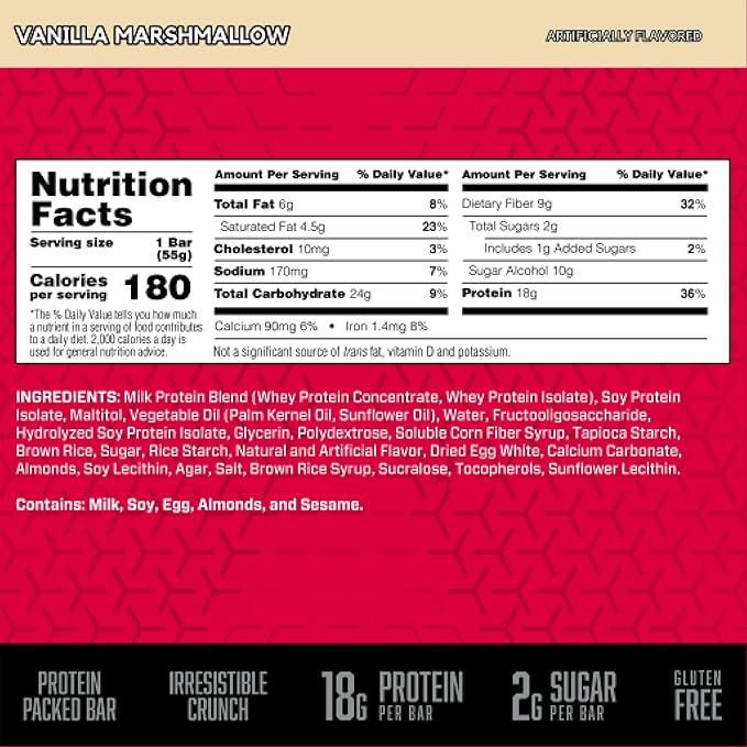 BSN Protein Bars - Protein Crisp Bar by Syntha-6, Whey Protein, 20g of Protein, Gluten Free, Low Sugar, Vanilla Marshmallow, 12 Count