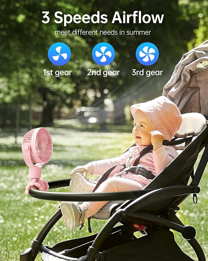 Stroller Fan Rechargeable Battery Powered Portable Fans, Head Detachable 360° Rotatable Clip on Fan, 3 Speed Quiet Small Mini Fans with Light Night for Carseat, Bed, Crib, Bike, Travel, Pink