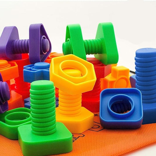 Skoolzy Plastic Nuts and Bolts 24 Piece Set - 6 pk - Kids Nuts and Bolts - Toddler Engineering Toys for 1-3 - Screw Toys for Toddlers with ebook
