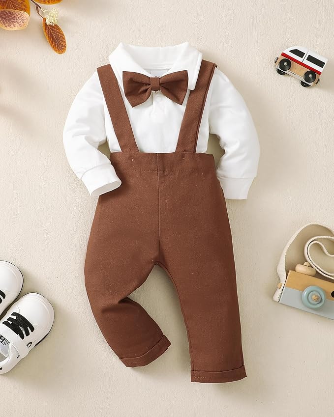 Newborn Baby Boy Clothes Gentleman Wedding Suit Infant Outfits Formal Dress Shirt+Bowtie+Suspender Pants