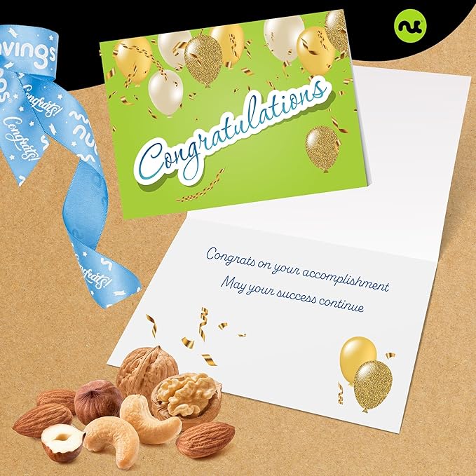 NUT CRAVINGS Gourmet Collection - Congratulations, Nuts Gift Basket with Congrats Ribbon + Greeting Card (7 Assortments) Graduation Food Platter, Healthy Snack Care Package, Food Assortments
