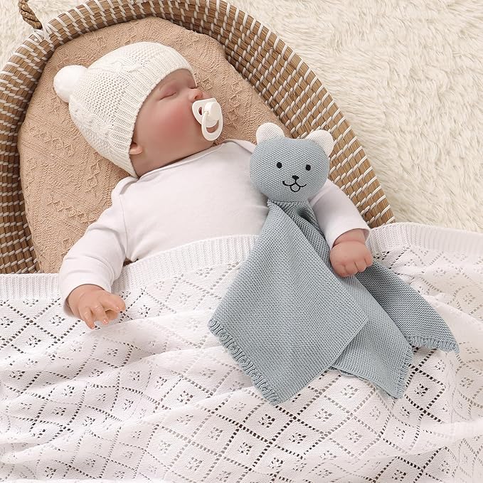 LAWKUL Baby Blanket Bear Lovey Soft Cuddly Security Blanket for Newborns Infants Boy Girl Knit Snuggle Comfort Blue 16x16in