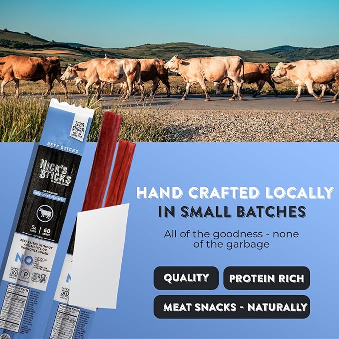 Nick's Sticks Clean & Balanced 100% Grass-Fed Beef Snack Sticks | Made in the USA | Gluten Free | Paleo, Keto, Whole30 Approved | No Soy, Antibiotics or Hormones (12 – 1.7oz. Packages of 2 Sticks)