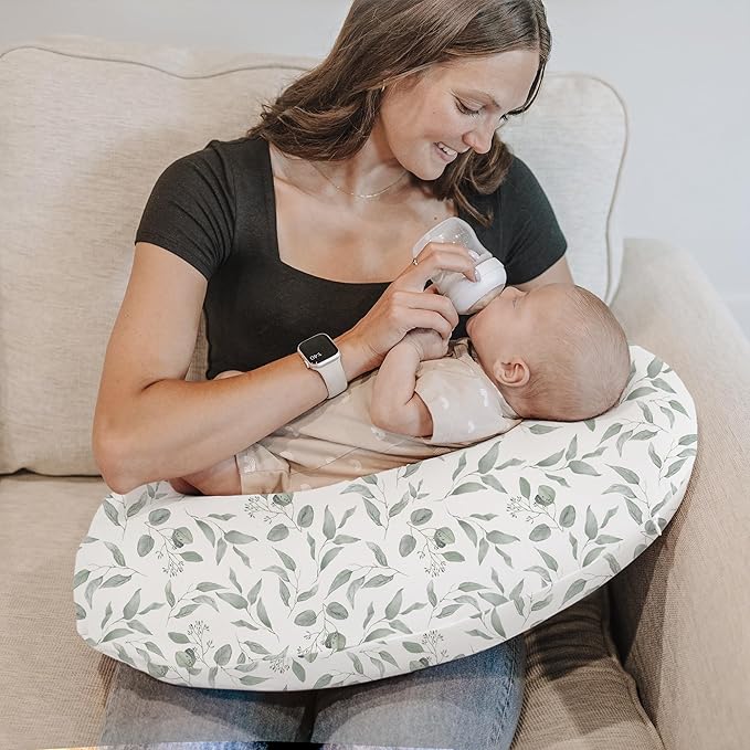 Konssy 2 Pack Nursing Pillow Covers, Stretchy and Soft Nursing Cover for Breastfeeding Pillows, Pillow Slipcover for Baby Girls Boys Newborn (Green, Green Leaves)
