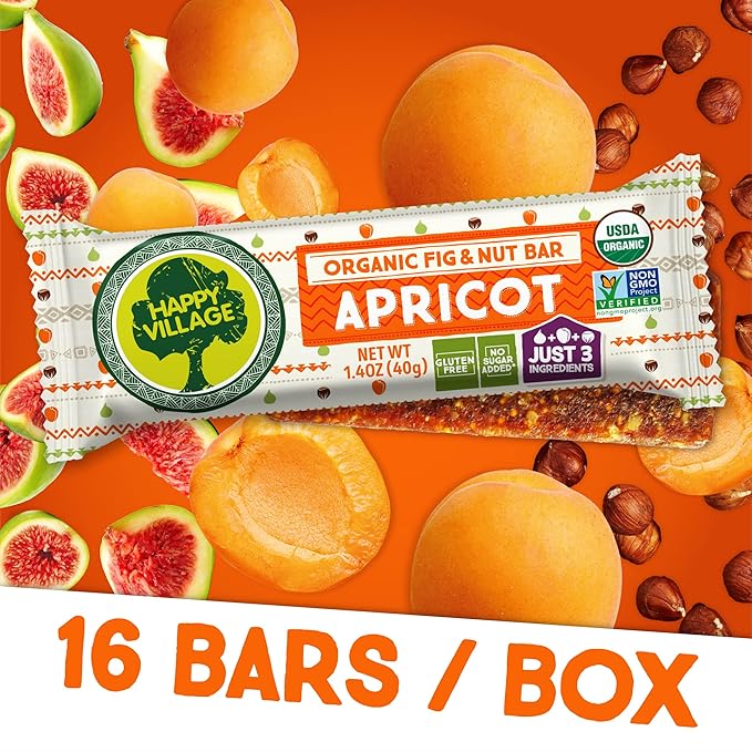 Happy Village Organic Fig & Nut Bar, APRICOT | Only 3 Ingredients, Gluten Free, No Added Sugar, Kosher, Non-GMO, Vegan, Good Source of Fiber | Organic Healthy Snack Bars (16 bars, 1.4 OZ each)
