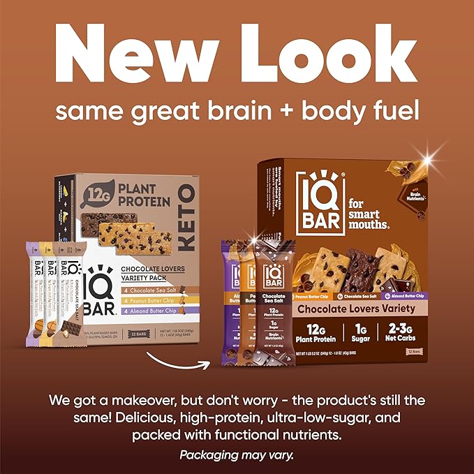 IQBAR Brain and Body Keto Protein Bars - Chocolate Lovers Variety and Chocolate Sea Salt - 12 Count Energy Bars - Low Carb Protein Bars - High Fiber Vegan Bars Low Sugar Meal Replacement Bars