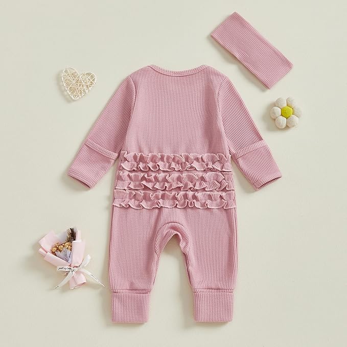 Newborn Girl Clothes Baby Girl Coming Home Outfit Zipper One-piece Outfits Ruffle Footie Bodysuit Jumpsuit Headband