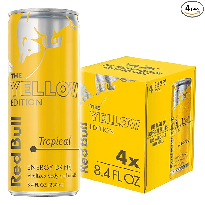 Red Bull Yellow Edition Energy Drink, Tropical, with 80mg Caffeine plus Taurine & B Vitamins, 8.4 Fl Oz, Pack of 4 Cans
