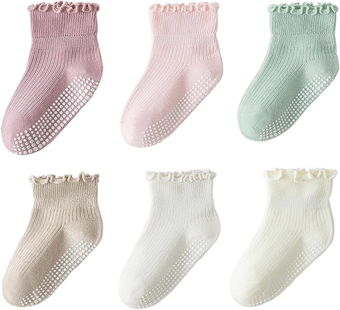 6 Pairs Toddler Ruffle Socks for Girls - Baby Grip Socks with Non-Slip, Cute Grippy Frilly Design