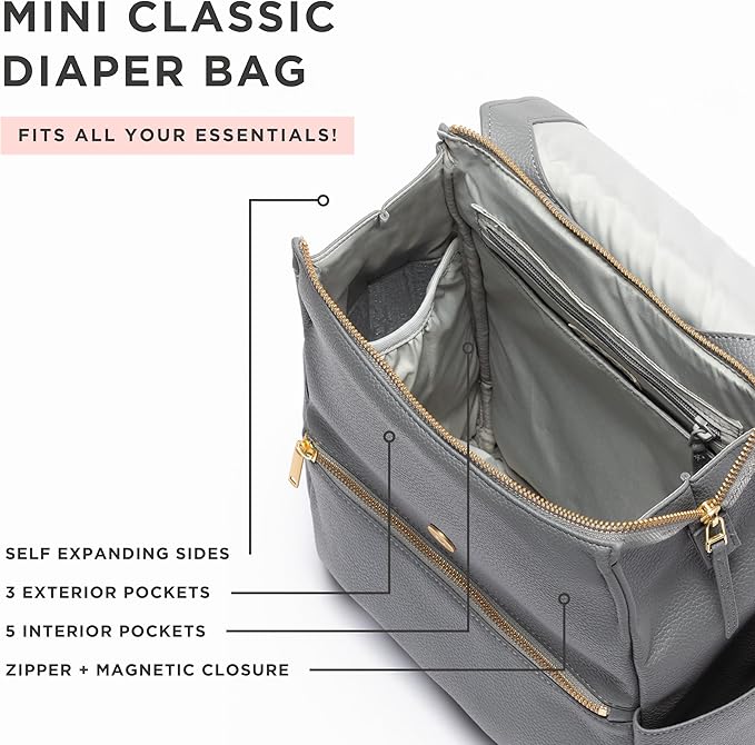 Freshly Picked Mini Classic Diaper Bag Backpack, Wipeable Vegan Leather, Womens (Stone)