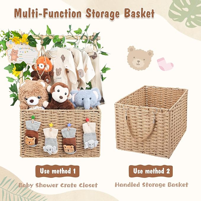 Wooden Woven Baby Shower Crate – Foldable Storage Basket with Handles, Handwoven Gift Box for Baby Shower & Newborn Essentials, Welcome Gift for Baby Shower, Newborn Boys Girls