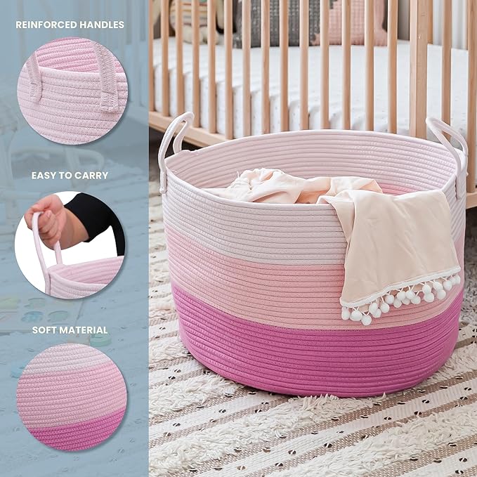 OrganiHaus Toy Storage Basket for Kids, Large Cotton Rope Organizer Bin for Nursery, Toy Box, Blanket Holder, Baby Hamper for Living Room, Soft & Washable, 20x13 inches - Pink