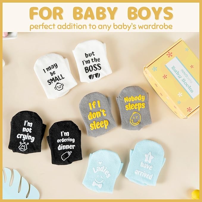 InnoBeta Baby Socks Set with Funny Quotes (4 Pairs) Newborn/Infant Socks for Baby Shower, Gender Reveal 3-12 Months