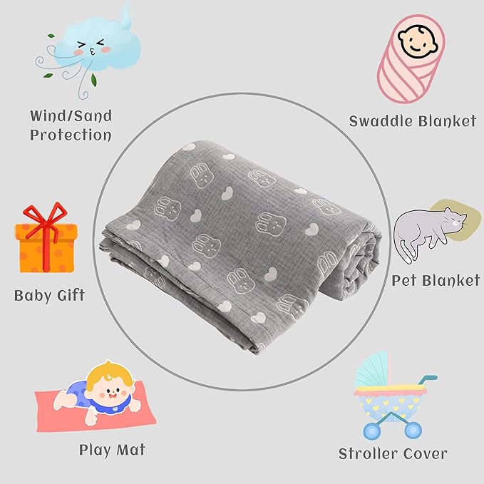 NTBAY 3 Layer Oversized Muslin Cotton Toddler Blanket, Jacquard Reversible Nursery Bed Blanket, Super Soft and Thermal for All Seasons, Baby Gift, 45"x60", Dark Grey Rabbit