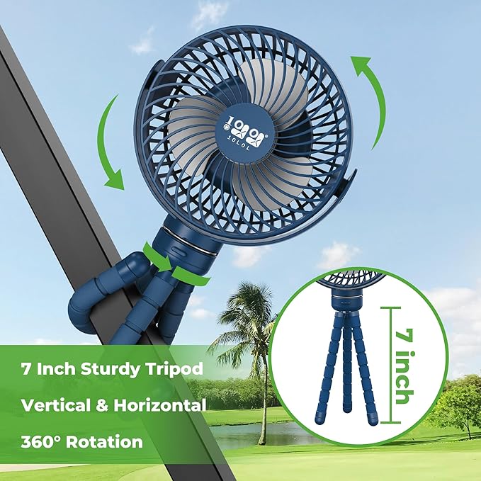 10L0L Universal Golf Cart Fan Fits Yamaha/EZGO/Club Car, Octopus Shape 360°Degree Rotational Fan, 3 Speed Adjustment, Support for Reverse Charging and Emergency Lighting-Black & Blue
