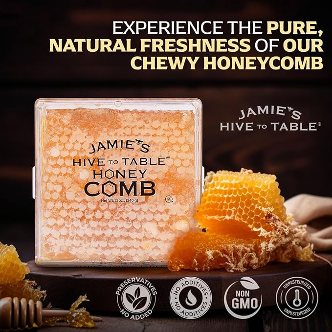 Jamie's Hive To Table 100% Raw Honeycomb, 12 Oz – All-Natural Pure Georgia Honeycomb, No Additives or Preservatives, Non-GMO