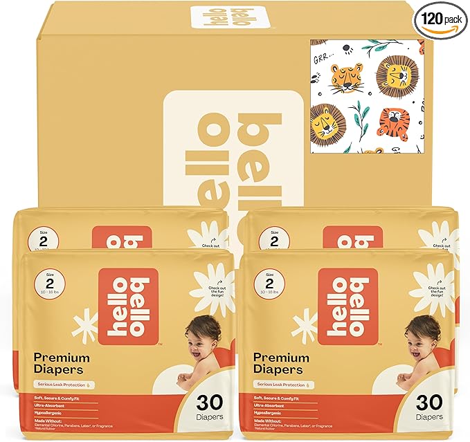 Hello Bello Diapers, Size 2 (10-16 lbs) Wild Cats, 120 Count Value Pack of Premium Disposable Baby Diapers, Hypoallergenic with Soft, Cloth-Like Feel