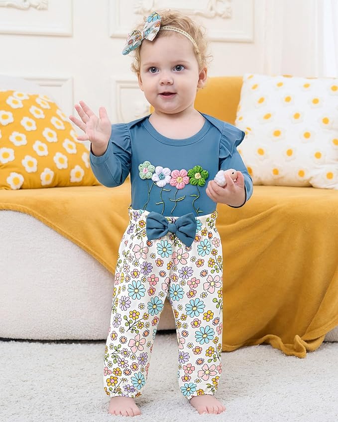 Baby Girl Clothes Newborn Infant Cotton Ruffle Romper+ Floral Pants + Headband Sets Fall Winter Outfits