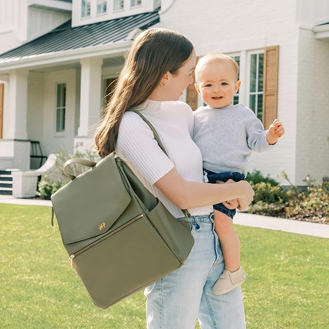 Freshly Picked Classic II Diaper Bag Backpack, Wipeable Vegan Leather With Changing Pad (Sage Green V2)