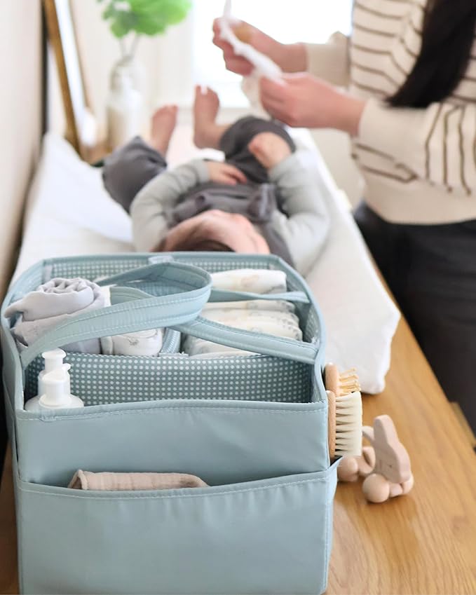 Lily Miles Baby Diaper Caddy Organizer, Wipeable Diaper Organizer Basket with 8 Pockets for Newborn Essentials, Nursery Tote Bag for Changing Table & Car Organization (Willow Green, Large)