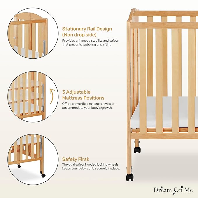 Dream On Me 3 in 1 Portable Folding Stationary Side Crib in Natural, Greenguard Gold Certified, Safety Wheel with Locking Casters, Convertible, 3 Mattress Heights