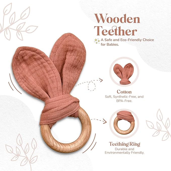 Mikito Organic Cotton Newborn Gifts Box, Unisex Loveys & Accessories incl. Muslin Baby Comforter + Baby Bandana Bib + Wooden Teether + Birth Announcement Sign