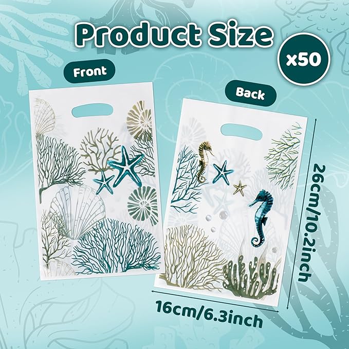 Summer Beach Party Favor Bags - 50Pcs Blue Coastal Goody Candy Treat Gifts Bags, Ocean Seashell Themed Party Decorations for Kids Birthday Summer Ocean Coastal Beach Events Supplies