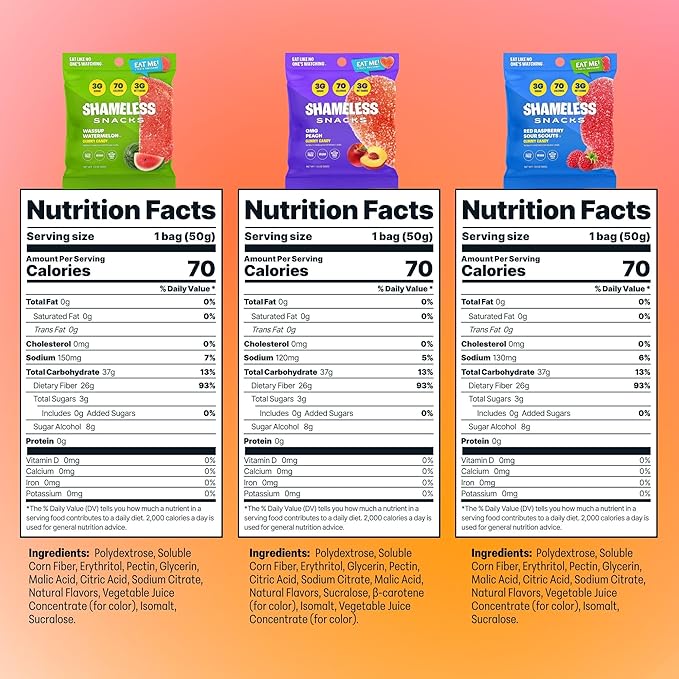 Shameless Snacks Fan Favorites Bundle Healthy Low Carb Keto Gummies Red Raspberry, Watermelon and Sour Peach