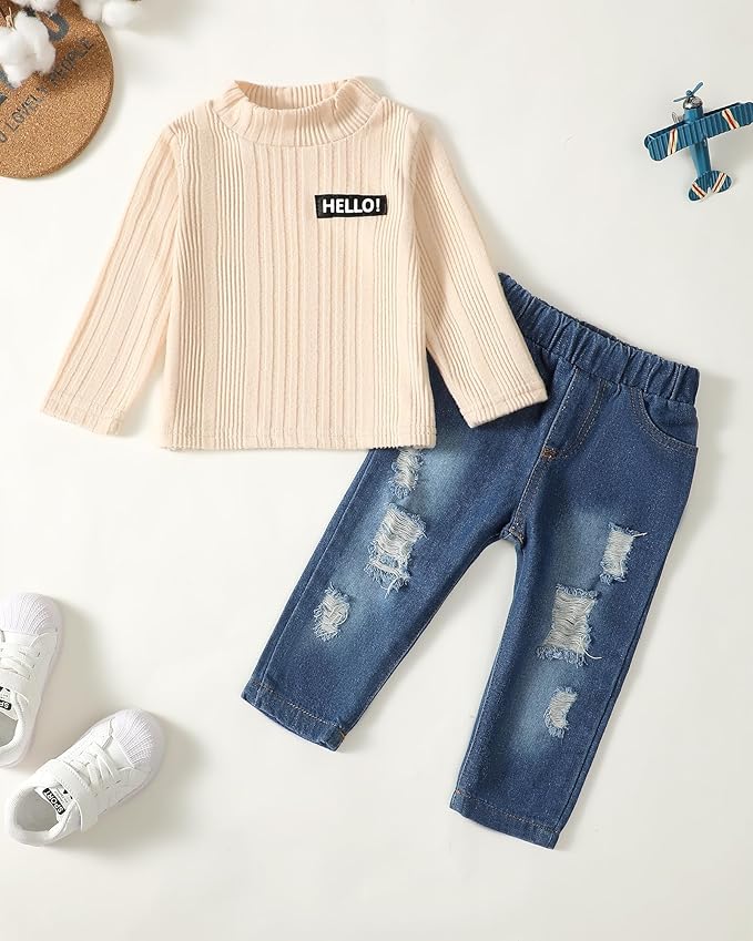 NZRVAWS Toddler Baby Boy Clothes Pullover Sweater Ripped Jean Sweatsuit Little Boy Outfit Fall Winter Clothing Set 6M-7T