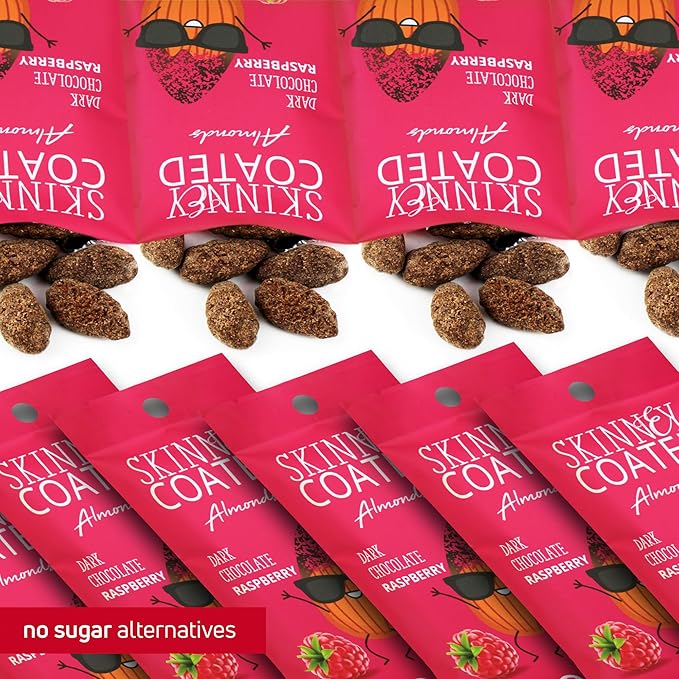 Skinny Coated Almonds Dark Chocolate Raspberry Snacks, Raspberry Flavored Healthy Chocolate Snacks Bulk - Kosher, Gluten Free Snacks for Adults, 1.2Oz p Bag, 6 Pack.