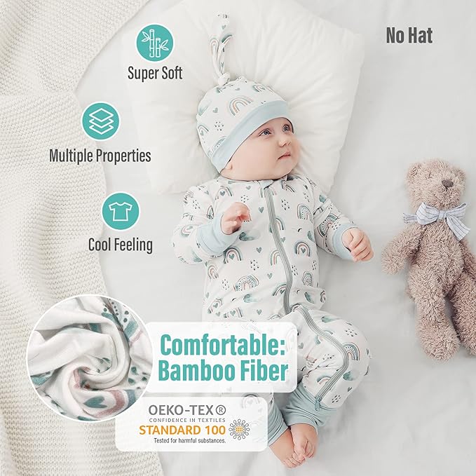 OPAWO Viscose from Bamboo Baby Pajamas Girl 2pack Mittens Cuff 2 Way Zipper Soft Footless Sleeper Baby Boy One-Piece Romper