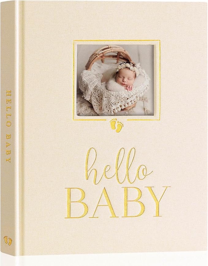 Lanpn Newborn Baby Memory Book, Baby First 5 Year Keepsake Gift with DIY Window, Linen Baby Memories Journal Scrapbook Photo Book, Baby Milestone Album for Boy Girl New Parents (Beige, 154 Pages)
