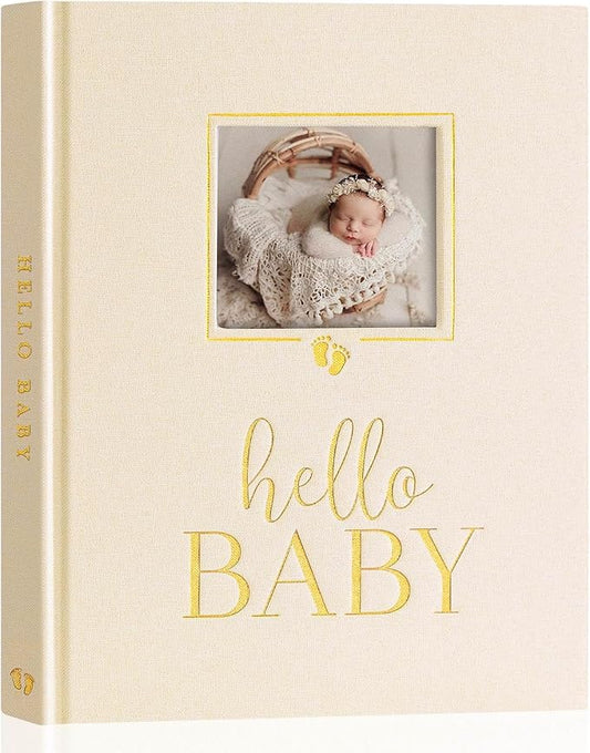 Lanpn Newborn Baby Memory Book, Baby First 5 Year Keepsake Gift with DIY Window, Linen Baby Memories Journal Scrapbook Photo Book, Baby Milestone Album for Boy Girl New Parents (Beige, 154 Pages)