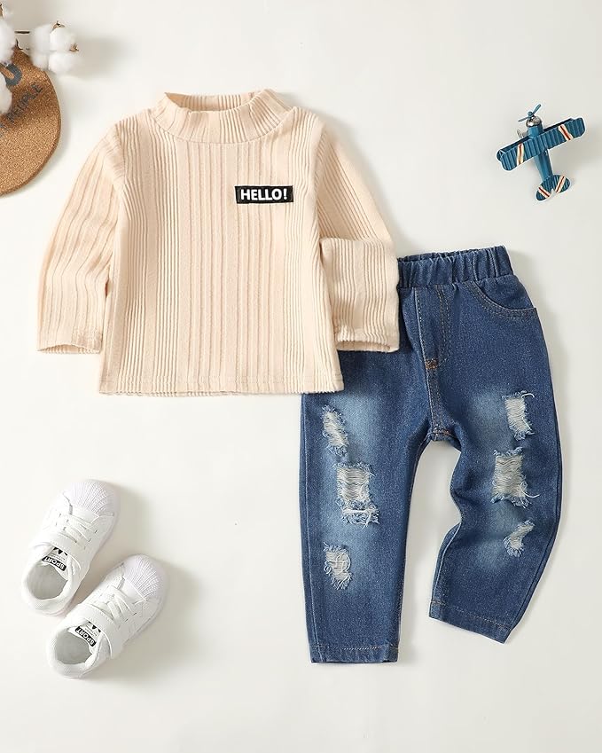 NZRVAWS Toddler Baby Boy Clothes Pullover Sweater Ripped Jean Sweatsuit Little Boy Outfit Fall Winter Clothing Set 6M-7T